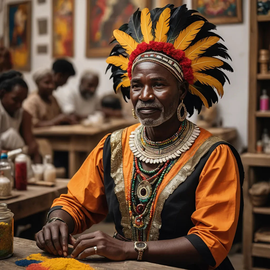a man with a headdress sitting at a table in a room with other people around him and a jar of mustard, black arts movement, a character portrait, Chinwe Chukwuogo-Roy, movie still