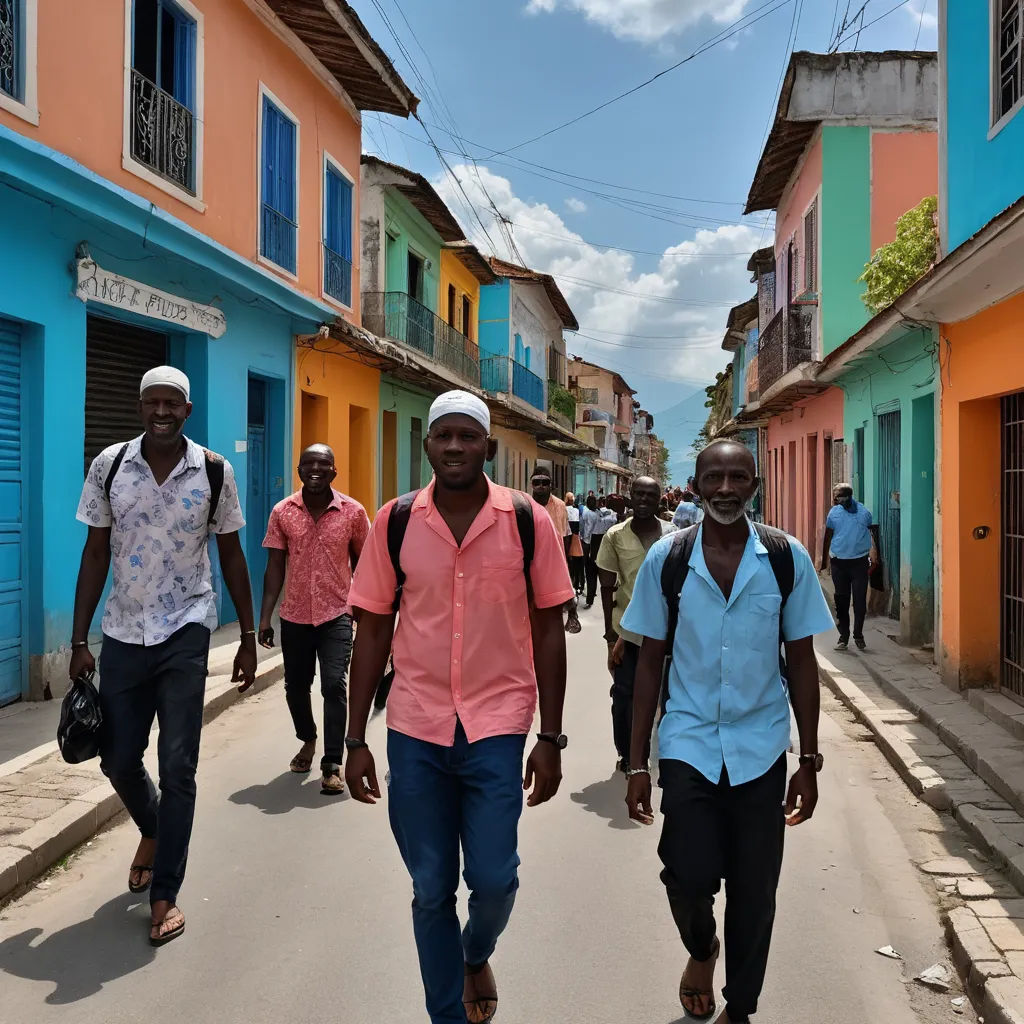 a group of men walking down a street next to colorful buildings and a blue sky with clouds in the background, hurufiyya, a colorized photo, Cedric Seaut, color
