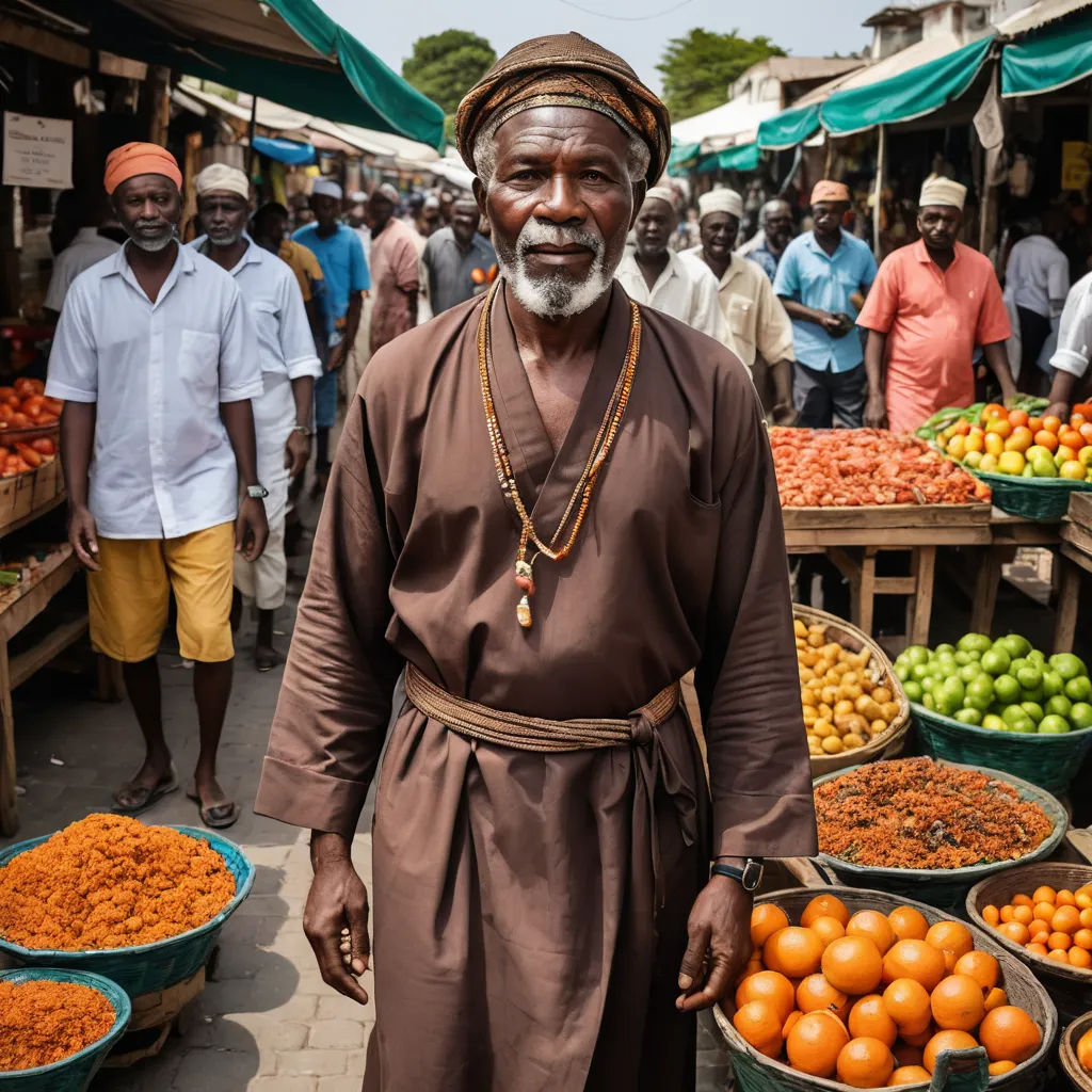 a man standing in front of a market filled with oranges and other fruit items and people standing around, hurufiyya, a character portrait, Chafik Charobim, award-winning photograph