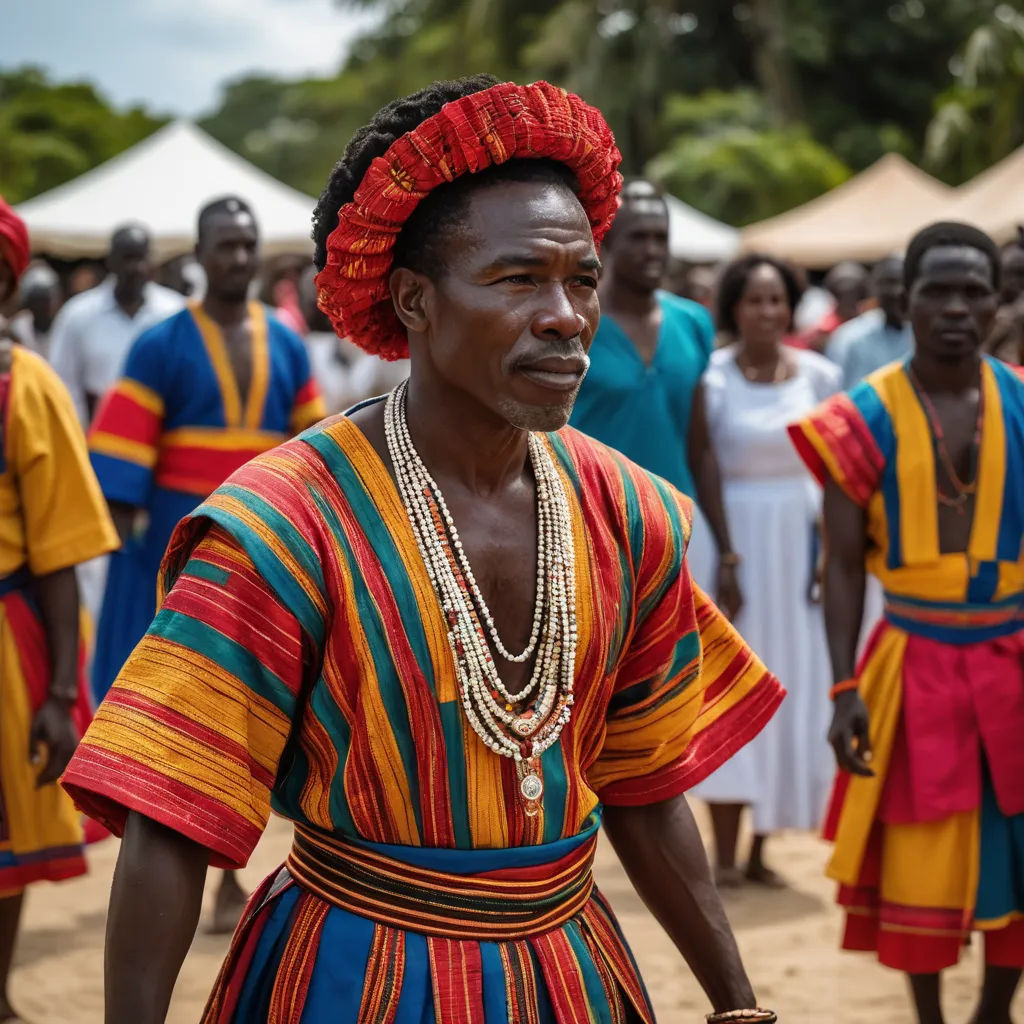 a man in a colorful dress and beads standing in front of a crowd of people wearing colorful clothing and headdress, black arts movement, a character portrait, Chafik Charobim, movie still