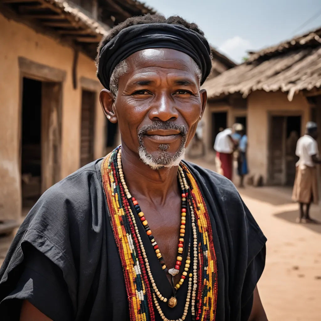 a man with a beaded necklace and a turban on his head stands in front of a village, primitivism, a character portrait, Bruce Onobrakpeya, portrait photography