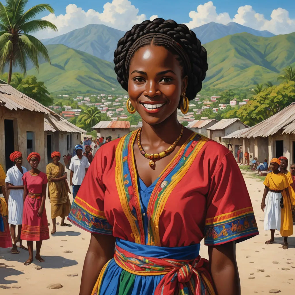 a painting of a woman in a colorful dress standing in front of a village with mountains in the background, american scene painting, an oil painting, Ernie Barnes, highly detailed digital painting