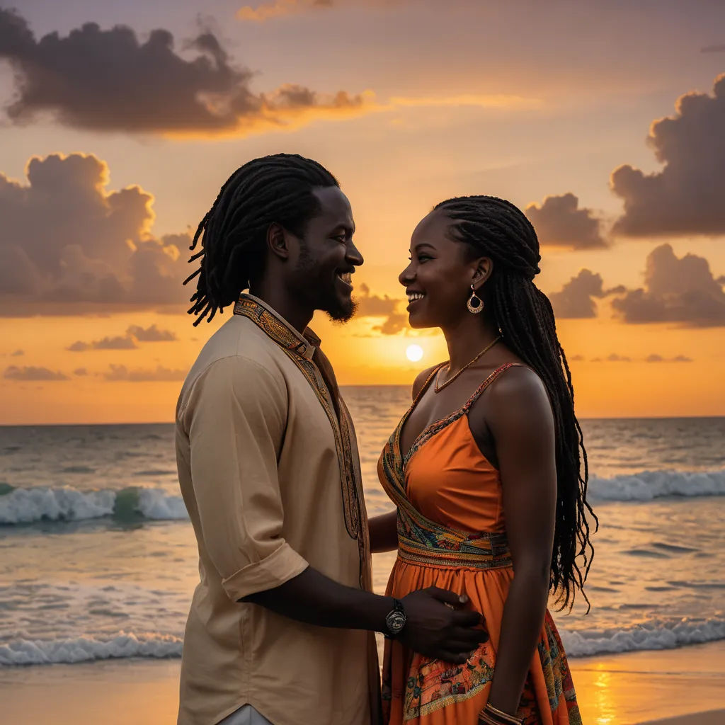 a man and a woman standing on a beach at sunset with the sun setting behind them and the ocean in the background, black arts movement, a photocopy, Chinwe Chukwuogo-Roy, portrait photography