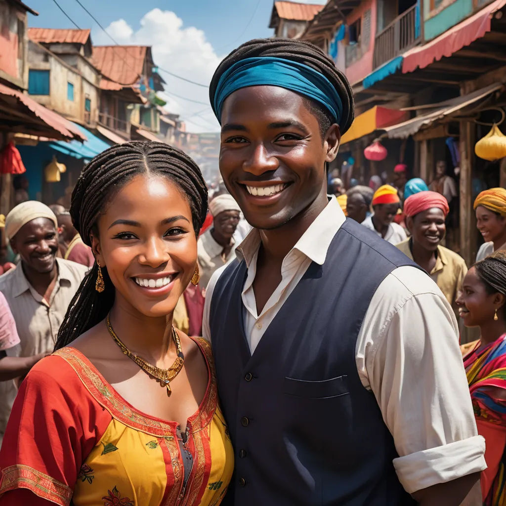 a man and woman standing in front of a crowd of people in a market place with a blue turban, harlem renaissance, a poster, Chinwe Chukwuogo-Roy, promotional image