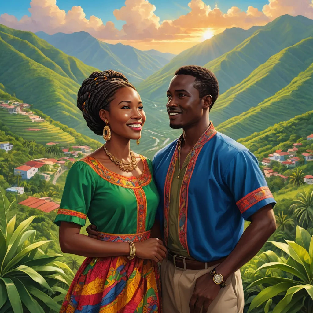 a painting of a man and woman standing in front of a mountain landscape with a valley in the background, american scene painting, a painting, Ernie Barnes, official art