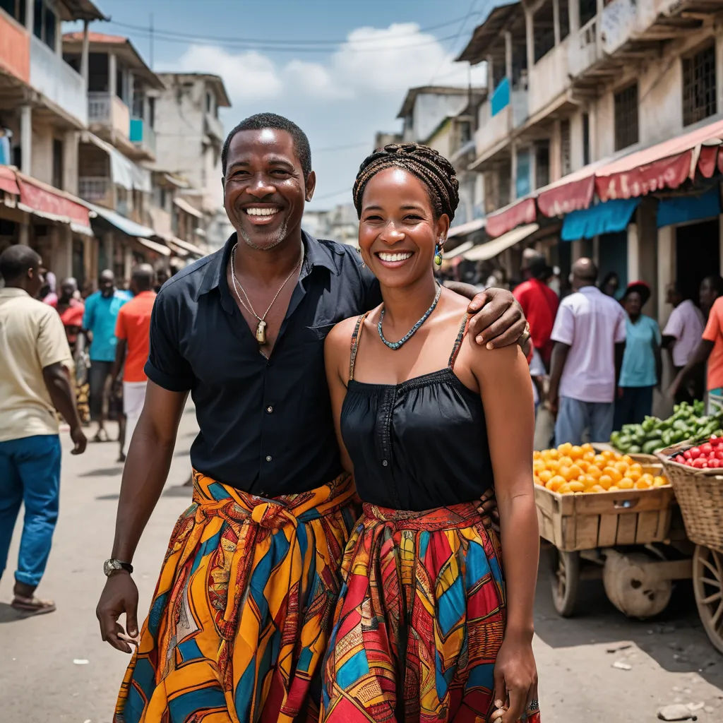 a man and woman standing in front of a fruit stand in a city street with people walking around them, afrofuturism, a character portrait, Bernard Accama, promotional image