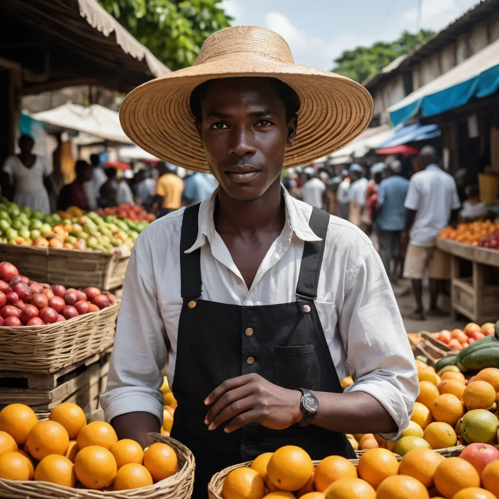 a man in a straw hat standing in front of a fruit stand with oranges and other fruit in baskets, les automatistes, a stock photo, David Bailly, award-winning photograph