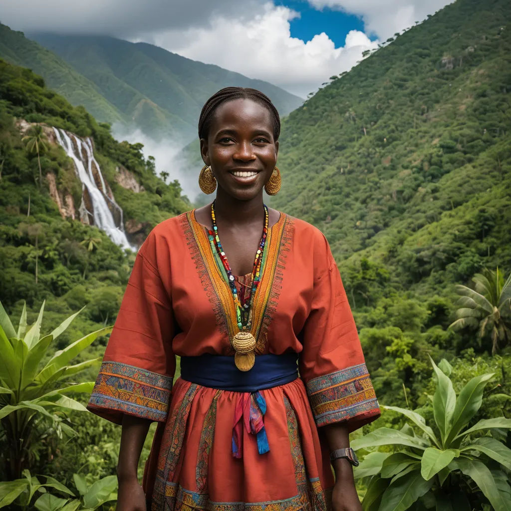 a woman in a red dress standing in front of a waterfall and mountains with a blue sky and clouds, environmental art, a character portrait, Ella Guru, fantastically beautiful