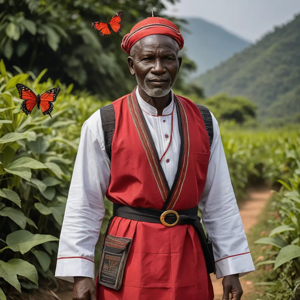 a man in a red vest and a butterfly on his head in a field of crops with a red butterfly on his shoulder, primitivism, a character portrait, Bruce Onobrakpeya, promotional image