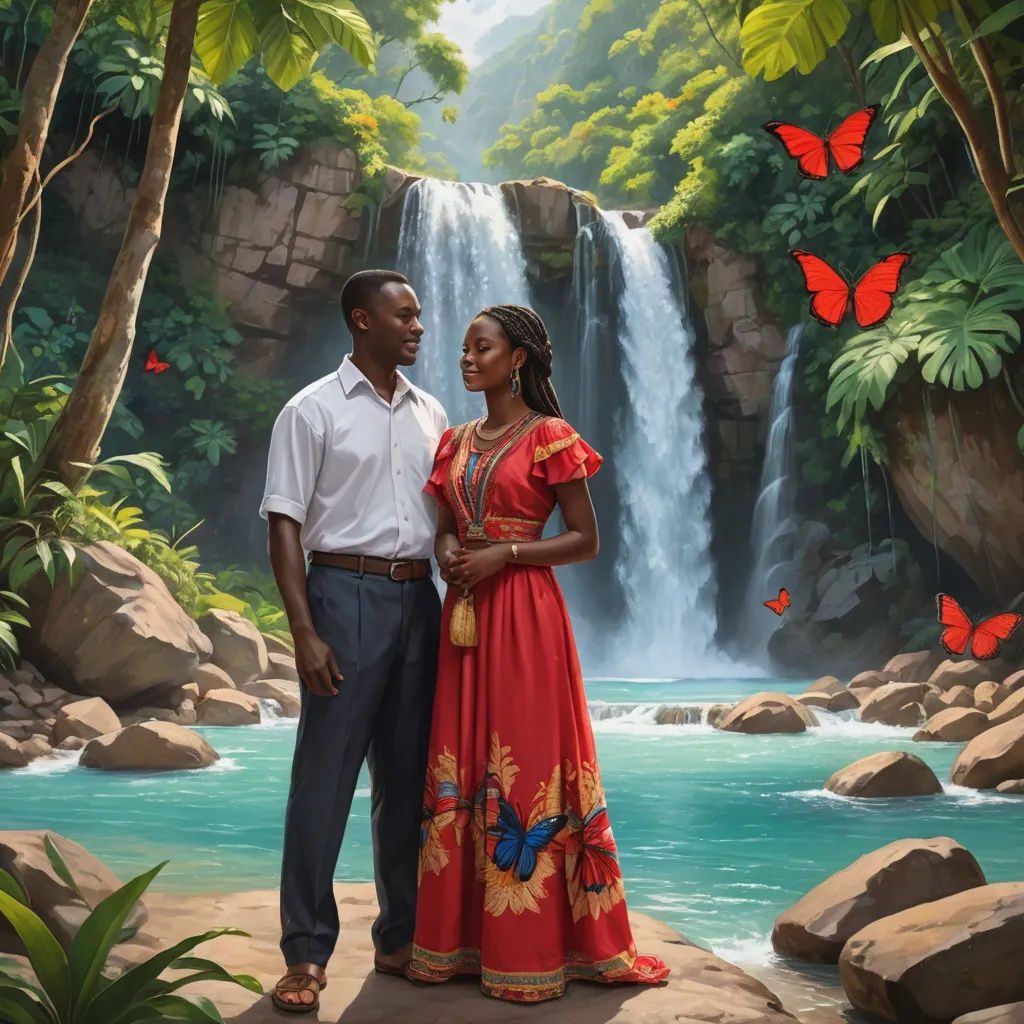 a painting of a couple standing in front of a waterfall with butterflies flying around them and a butterfly in the air, american scene painting, a painting, Chris LaBrooy, official art