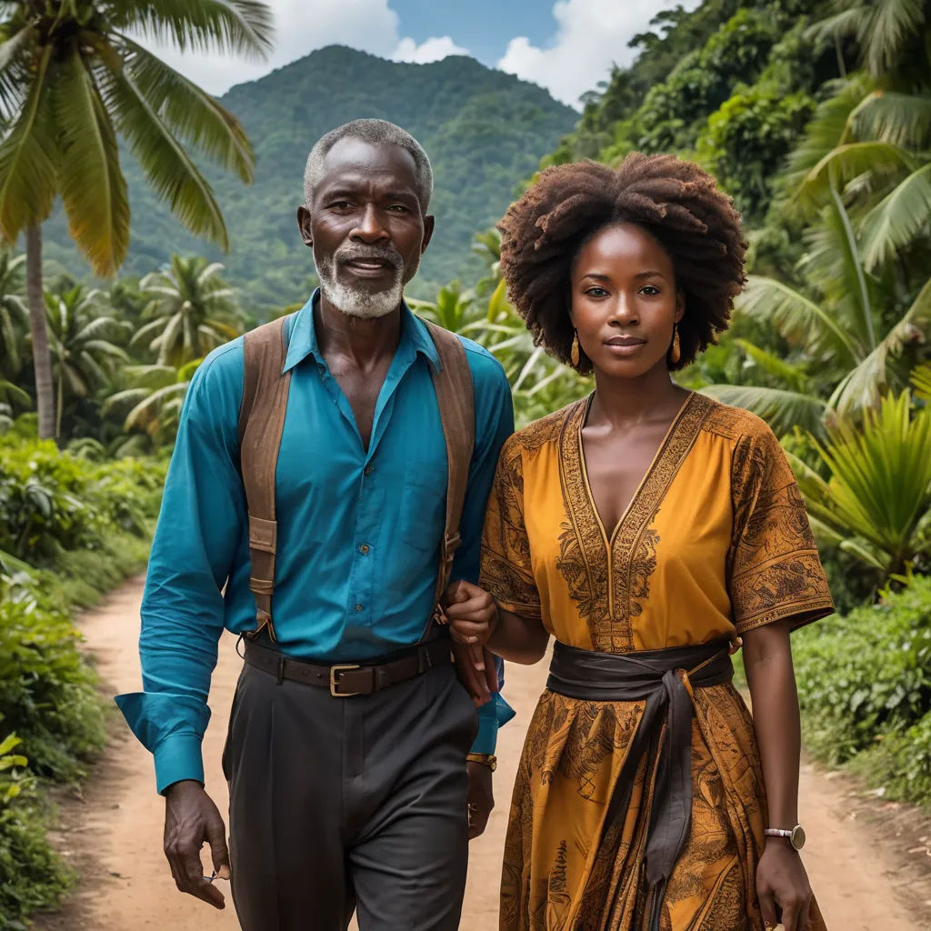 a man and woman walking down a dirt road in the jungles with palm trees in the background and a mountain in the distance, harlem renaissance, a poster, Chinwe Chukwuogo-Roy, promotional image