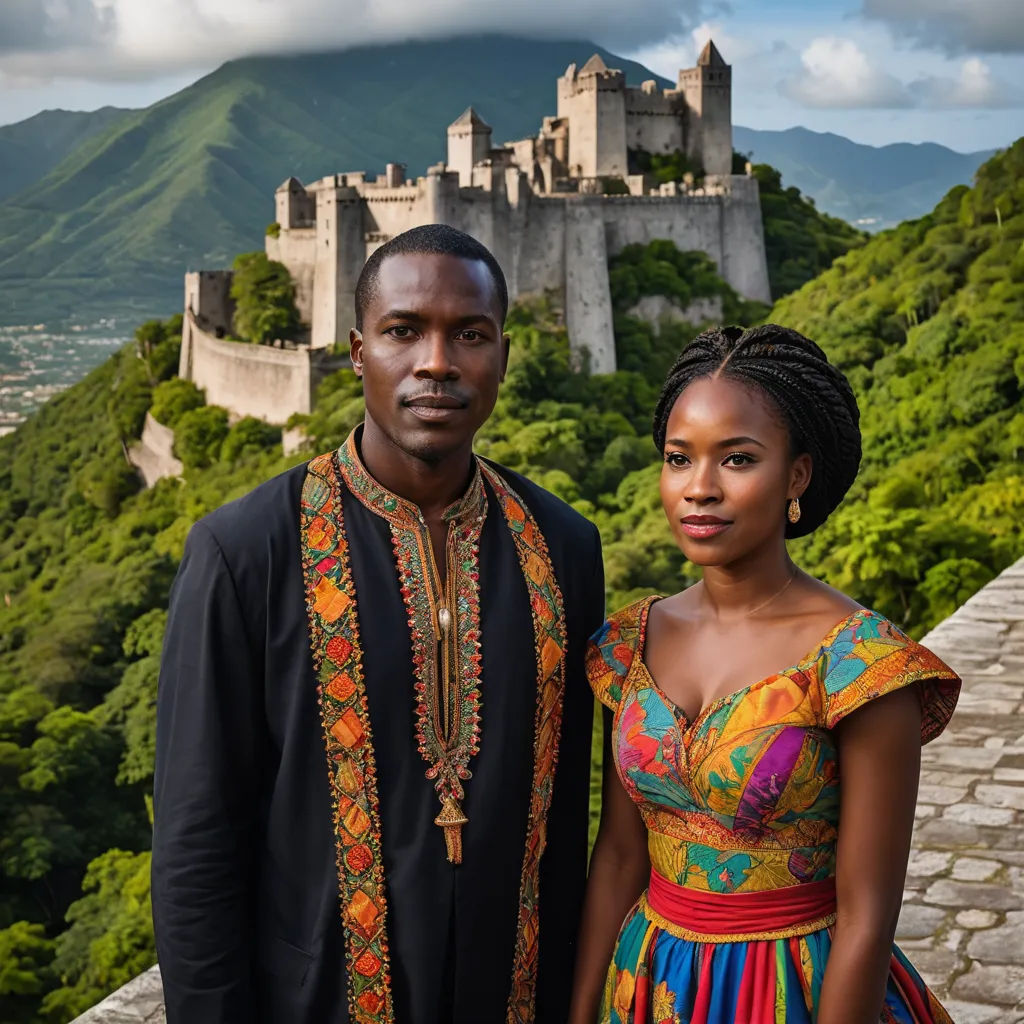 a man and a woman standing in front of a castle on a hill with a castle in the background, international gothic, a portrait, Chinwe Chukwuogo-Roy, promotional image