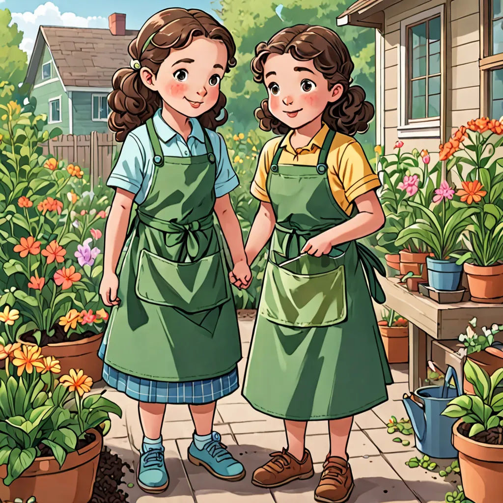two girls in aprons are standing in a garden with flowers and plants in pots and a house in the background, naive art, a storybook illustration, Anne Said, official art