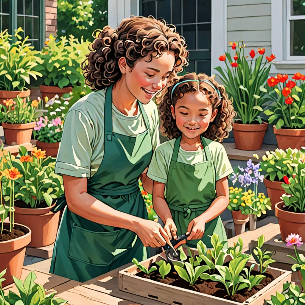 a painting of a woman and a girl in a garden with flowers in the background and a house in the background, american scene painting, a storybook illustration, Colin Middleton, highly detailed digital painting