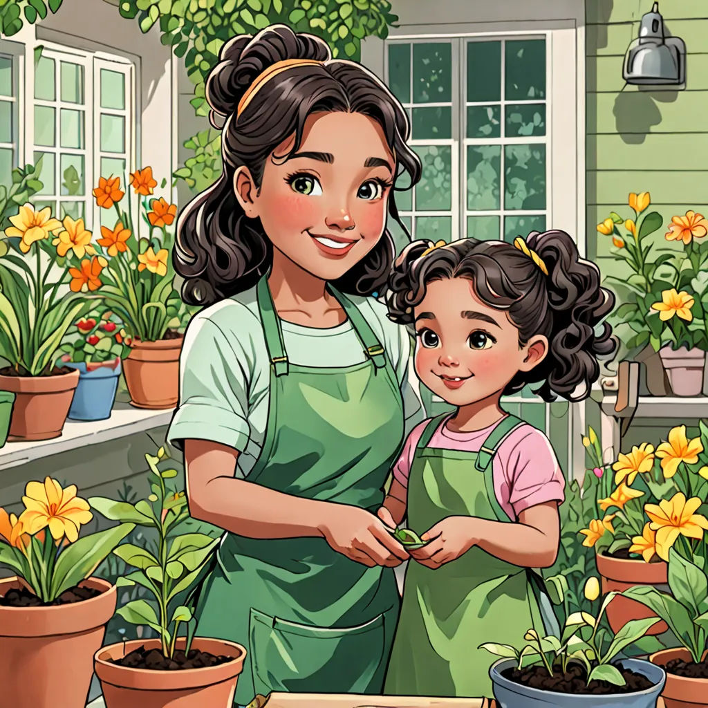 a woman and a child are in a garden with flowers in pots and potted plants in the background, lyco art, a storybook illustration, Anne Said, comic cover art