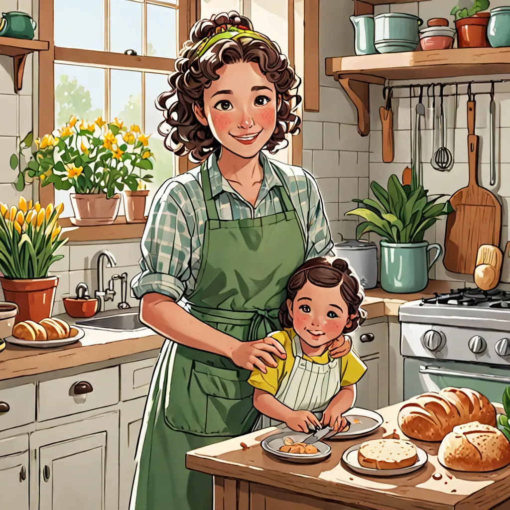 a woman and a child are in the kitchen preparing food together, with a potted plant in the background, american scene painting, a storybook illustration, Anne Said, storybook illustration