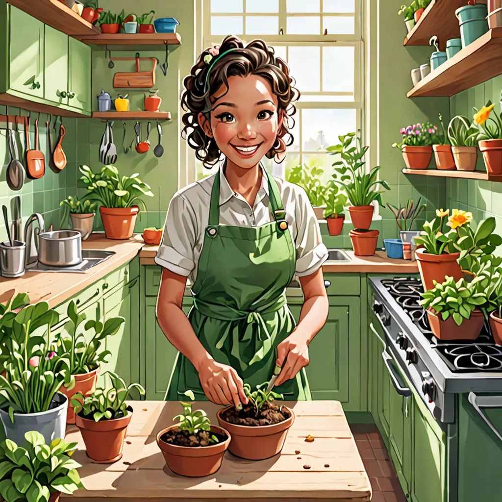 a woman in a green kitchen with potted plants and a stove top oven with a potted plant on the counter, photorealism, a storybook illustration, Colin Middleton, highly detailed digital painting