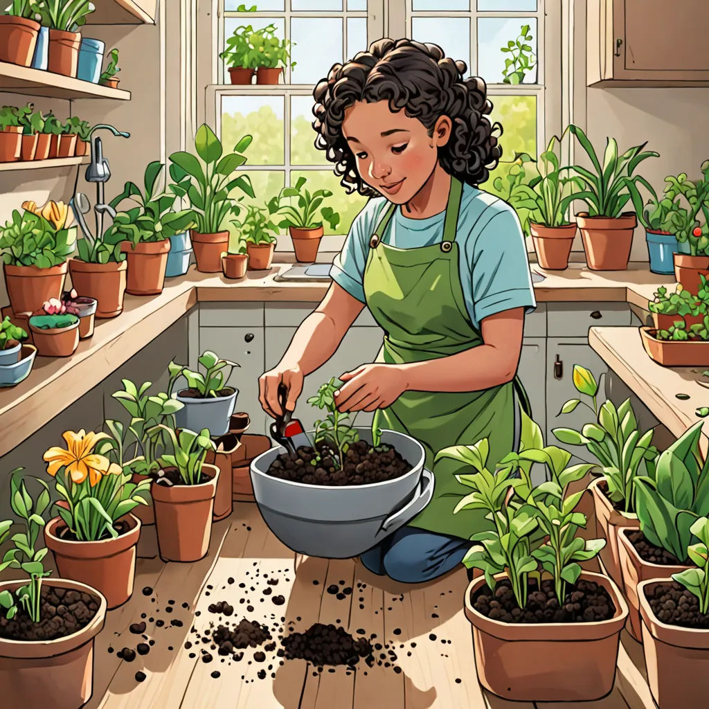 a woman is tending to plants in a kitchen garden area with potted plants and potted plants on the counter, environmental art, a storybook illustration, Asaf Hanuka, detailed illustration