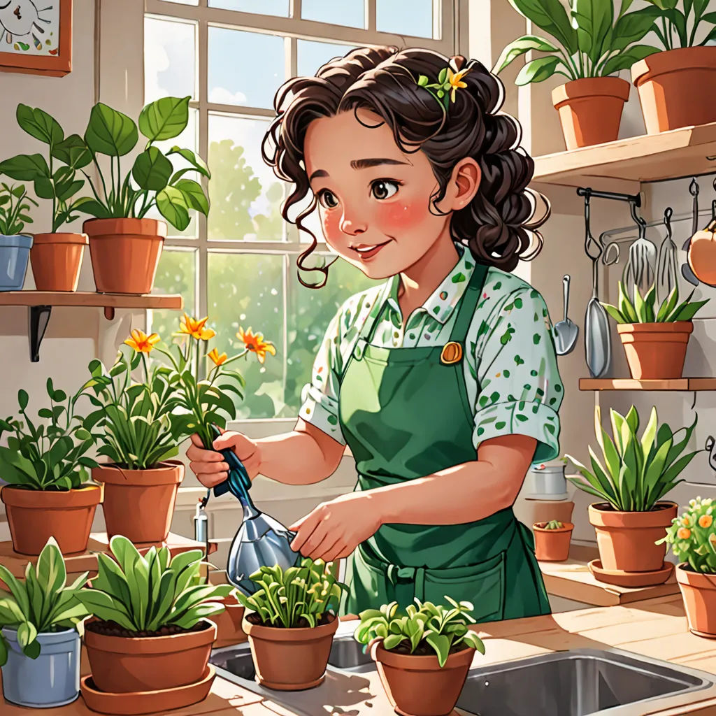 a woman is watering plants in a kitchen with a window behind her and a sink in the foreground, american scene painting, a storybook illustration, Beatrice Huntington, trending on art station