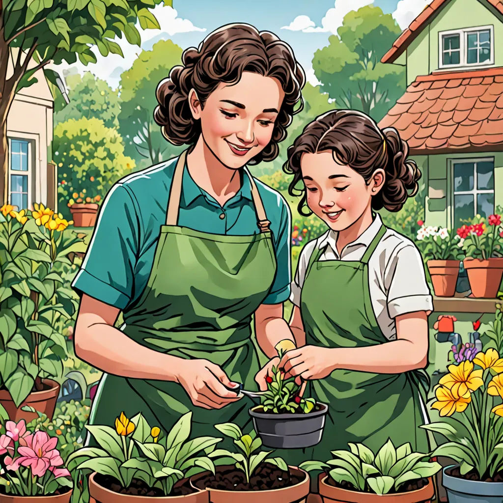 a woman and a girl are in a garden together, gardening together, and gardening together, with a house in the background, lyco art, a storybook illustration, Chris Ware, comic cover art