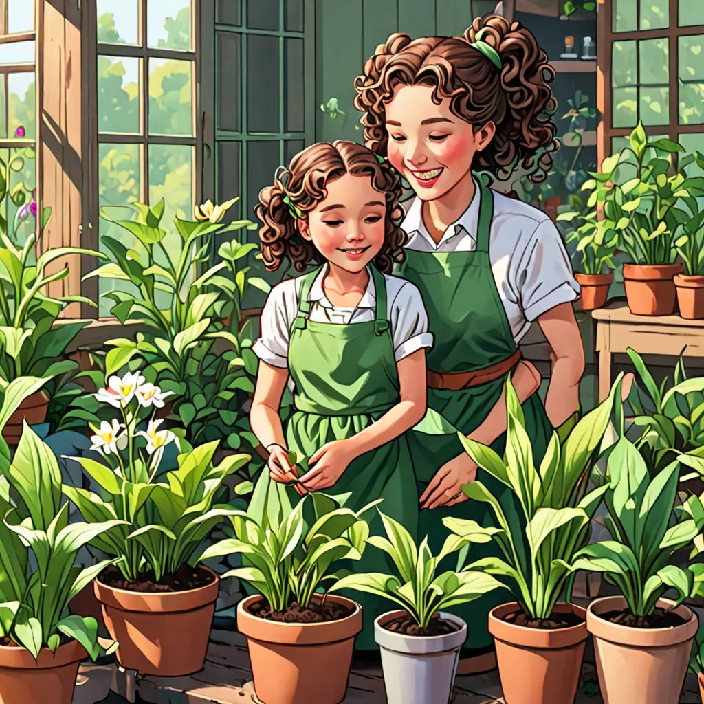 a woman and a child are in a garden with potted plants and flowers in the background, and a window behind them, lyco art, a storybook illustration, Anne Said, storybook illustration