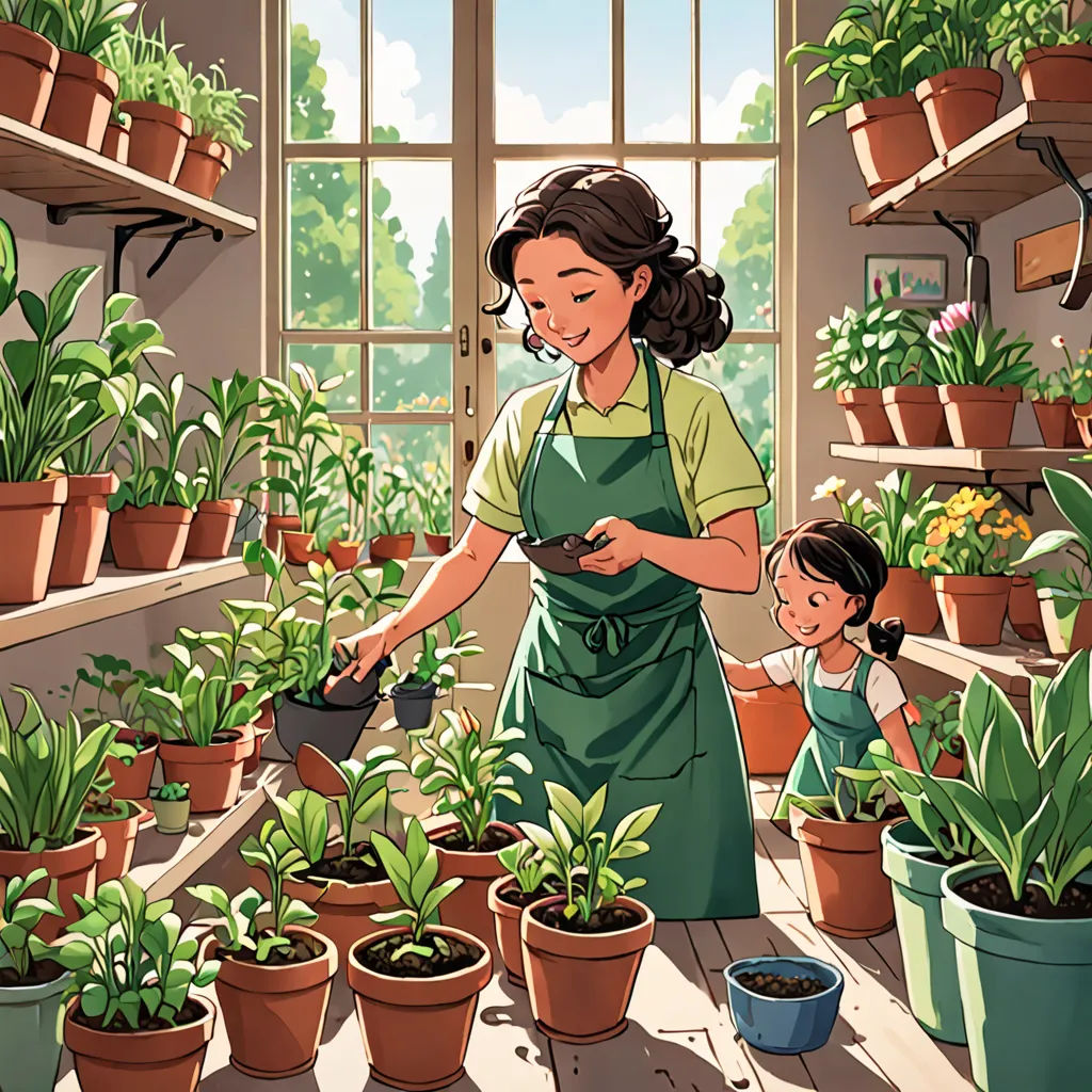 a woman and a child are in a greenhouse with plants in pots and pots on the floor and a window, private press, a storybook illustration, Asaf Hanuka, storybook illustration