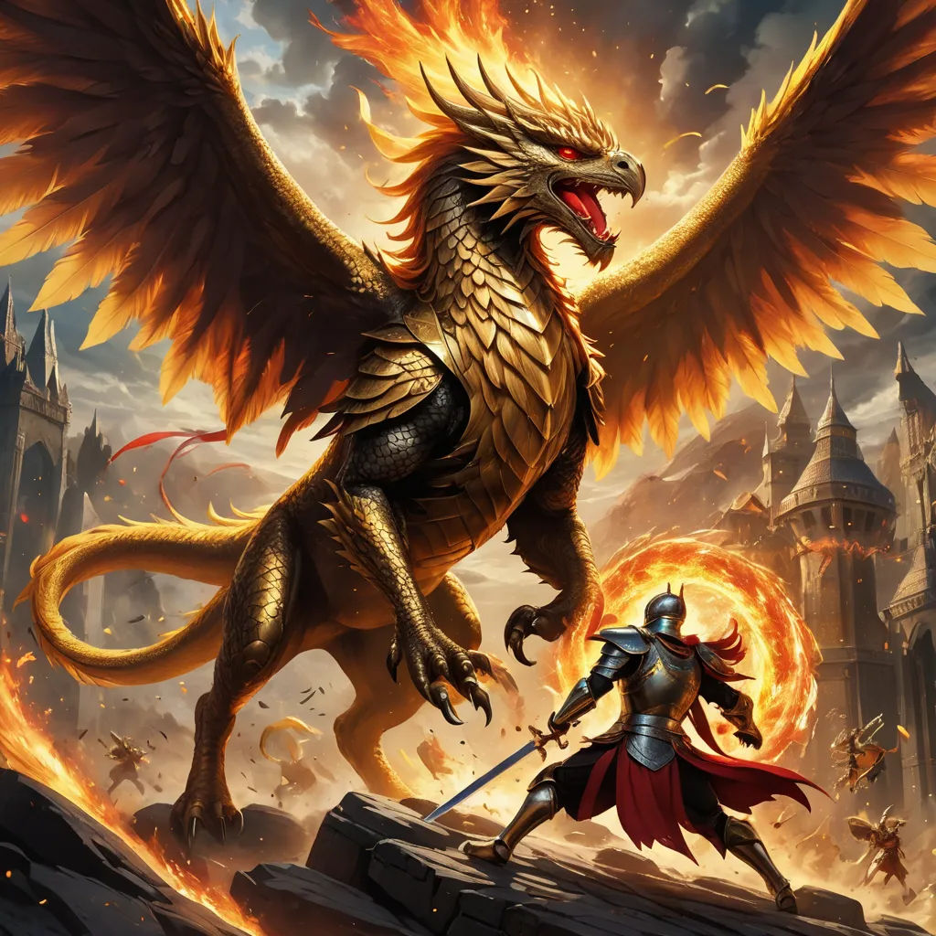 a dragon and a knight fight in a fantasy setting with flames in the air and a castle in the background, fantasy art, concept art, Anne Stokes, magic the gathering artwork