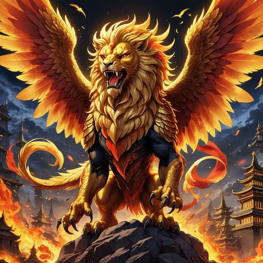 a lion with a huge, golden mane and red eyes stands on a rock in front of a castle, fantasy art, a detailed painting, Chris LaBrooy, magic the gathering artwork