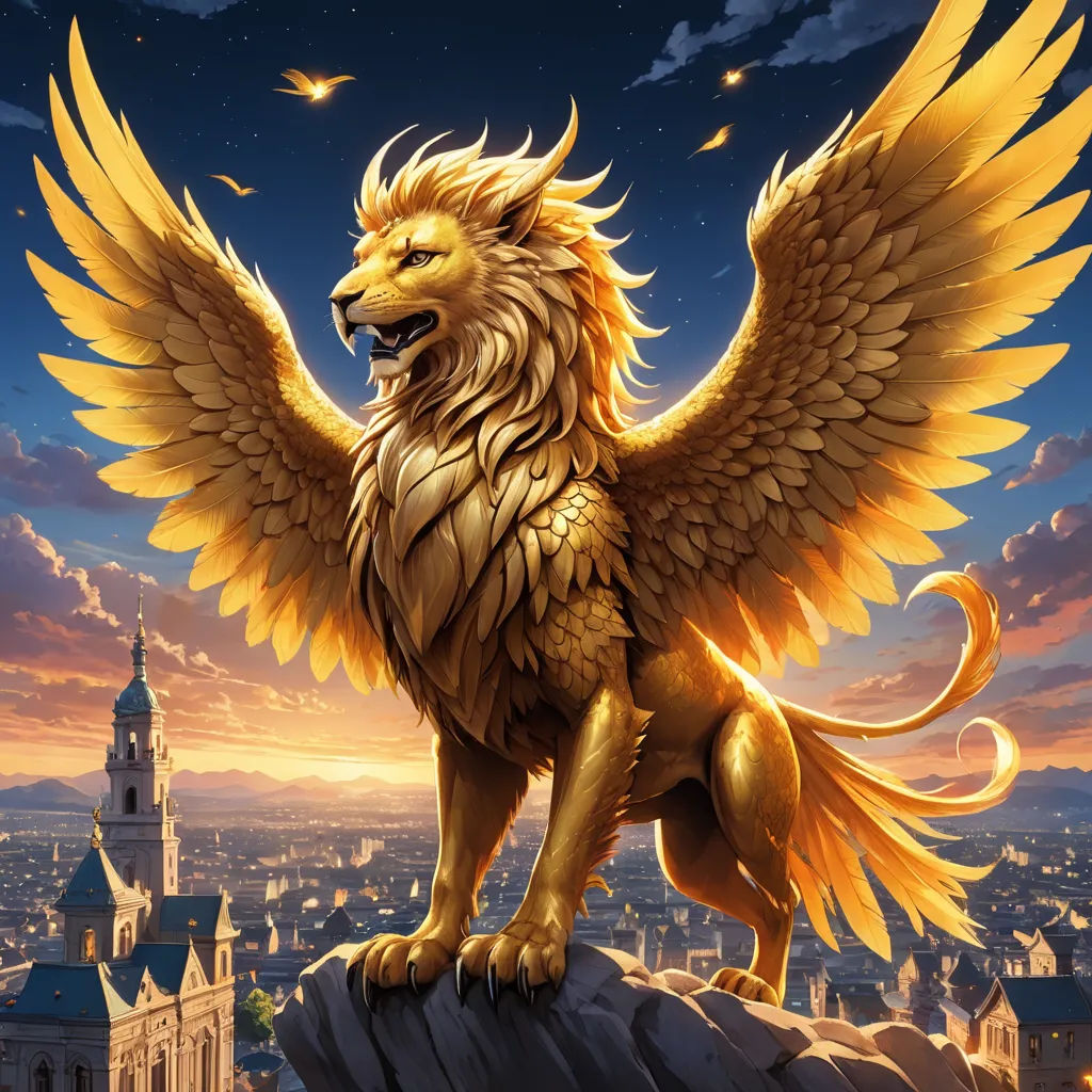 a golden lion with wings on top of a rock in front of a city skyline at night with a bright orange glow, fantasy art, concept art, Anne Stokes, fantasy artwork