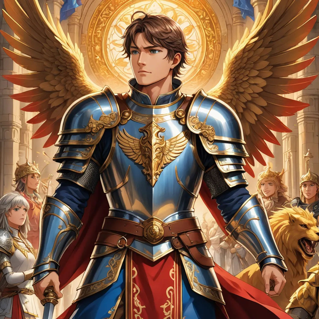 a man in armor with wings standing in front of a group of people in armor and a halo above his head, fantasy art, a detailed painting, Donato Giancola, official art