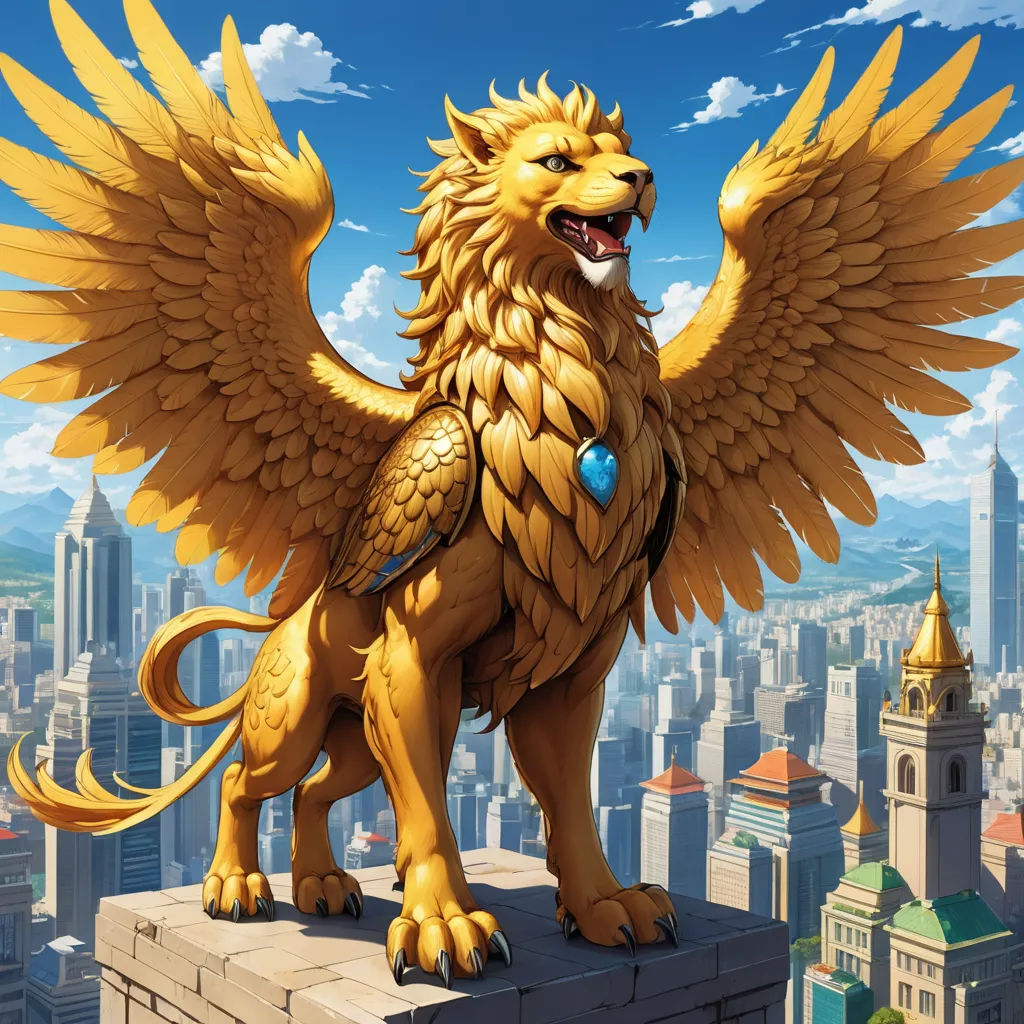 a golden lion statue on top of a building with a city in the background and a blue sky with clouds, altermodern, a digital rendering, Chris LaBrooy, magic the gathering artwork