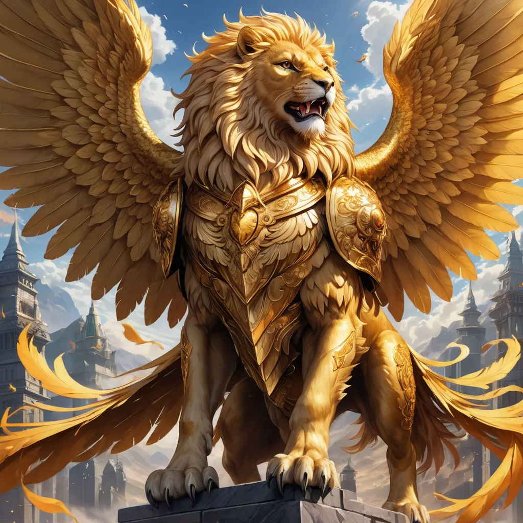 a golden lion with wings on a pedestal in front of a castle with a sky background and clouds in the background, fantasy art, concept art, Clint Cearley, magic the gathering artwork