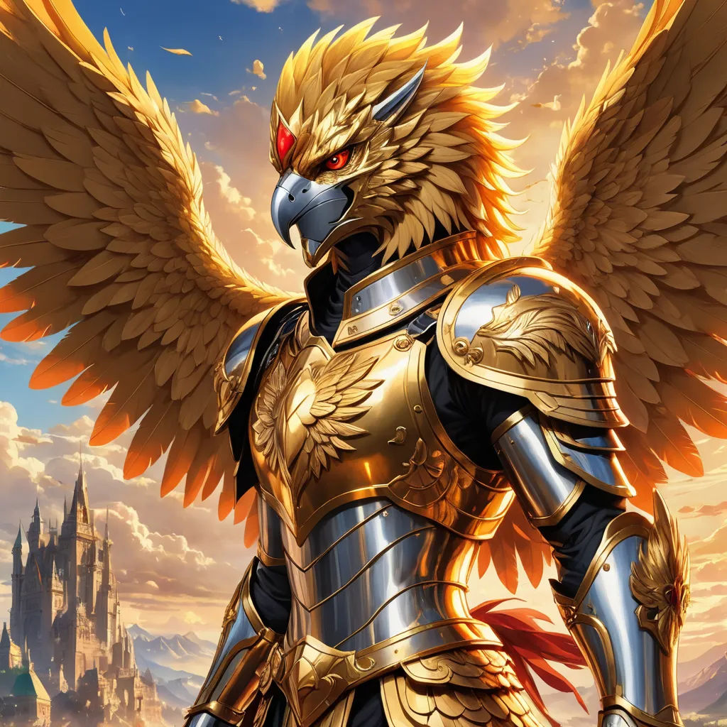 a bird with a golden armor and red eyes standing in front of a castle with a golden eagle on it, fantasy art, concept art, Anne Stokes, epic fantasy character art
