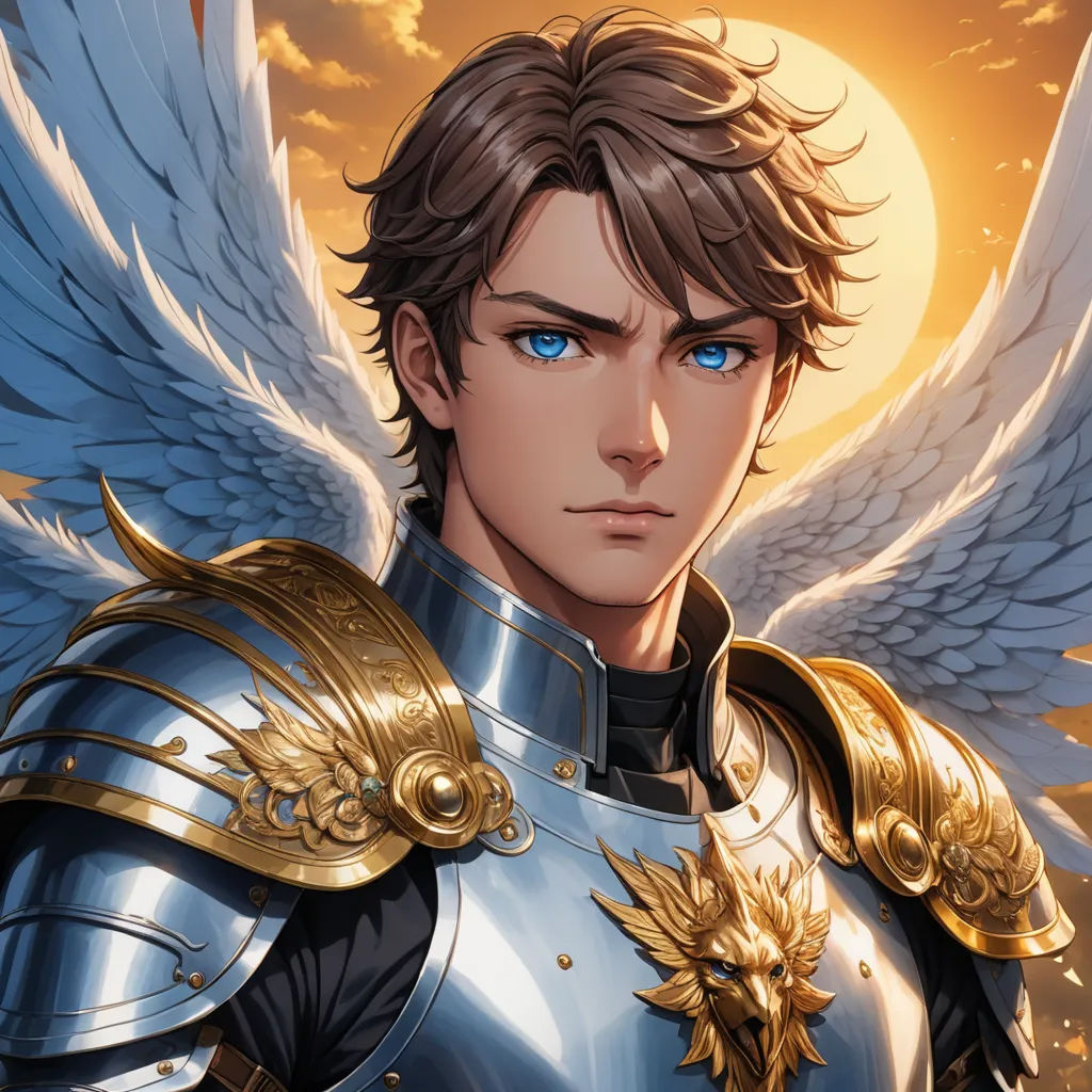 a man in armor with wings on his chest and a sky background with clouds and sun behind him, with a blue eye, fantasy art, a character portrait, Anne Stokes, rossdraws global illumination