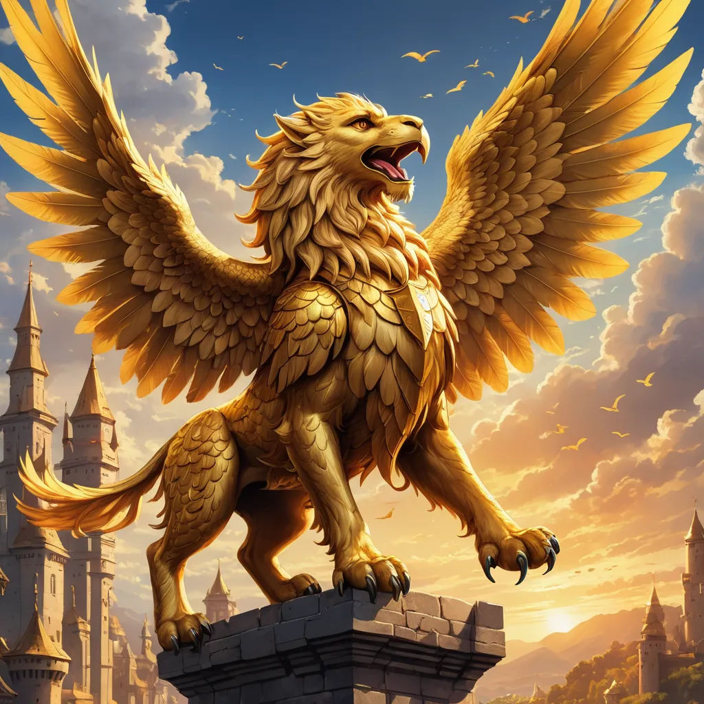 a golden lion statue with a castle in the background and clouds in the sky above it, with a bird like creature on top of it, fantasy art, an ultrafine detailed painting, Anne Stokes, magic the gathering artwork