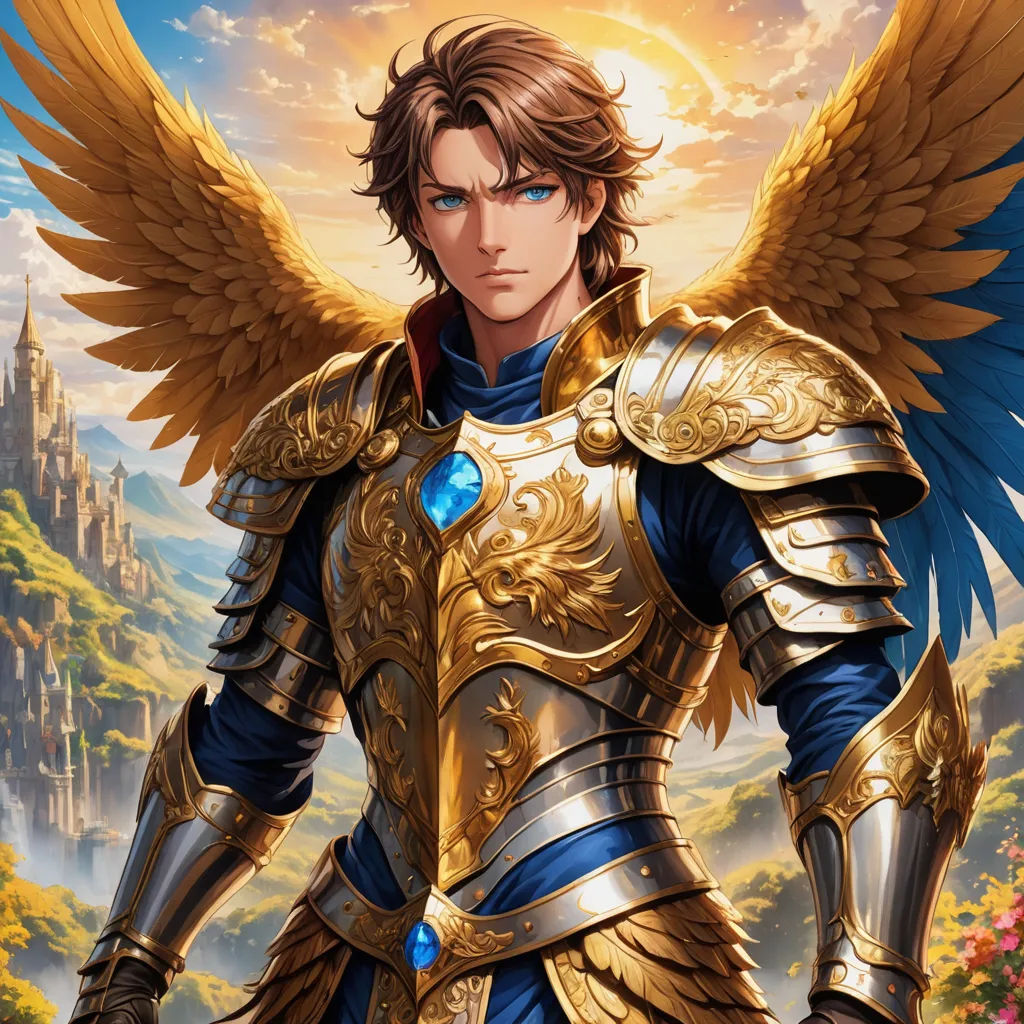 a man in armor with wings standing in front of a castle with a castle in the background and a sky with clouds, fantasy art, a character portrait, Anne Stokes, epic fantasy character art