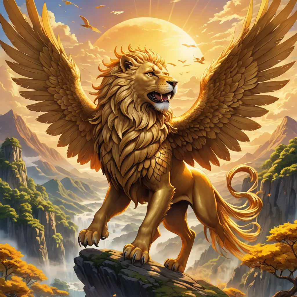 a lion with wings standing on a rock in front of a mountain range with a sun in the background, fantasy art, an airbrush painting, Anne Stokes, fantasy artwork
