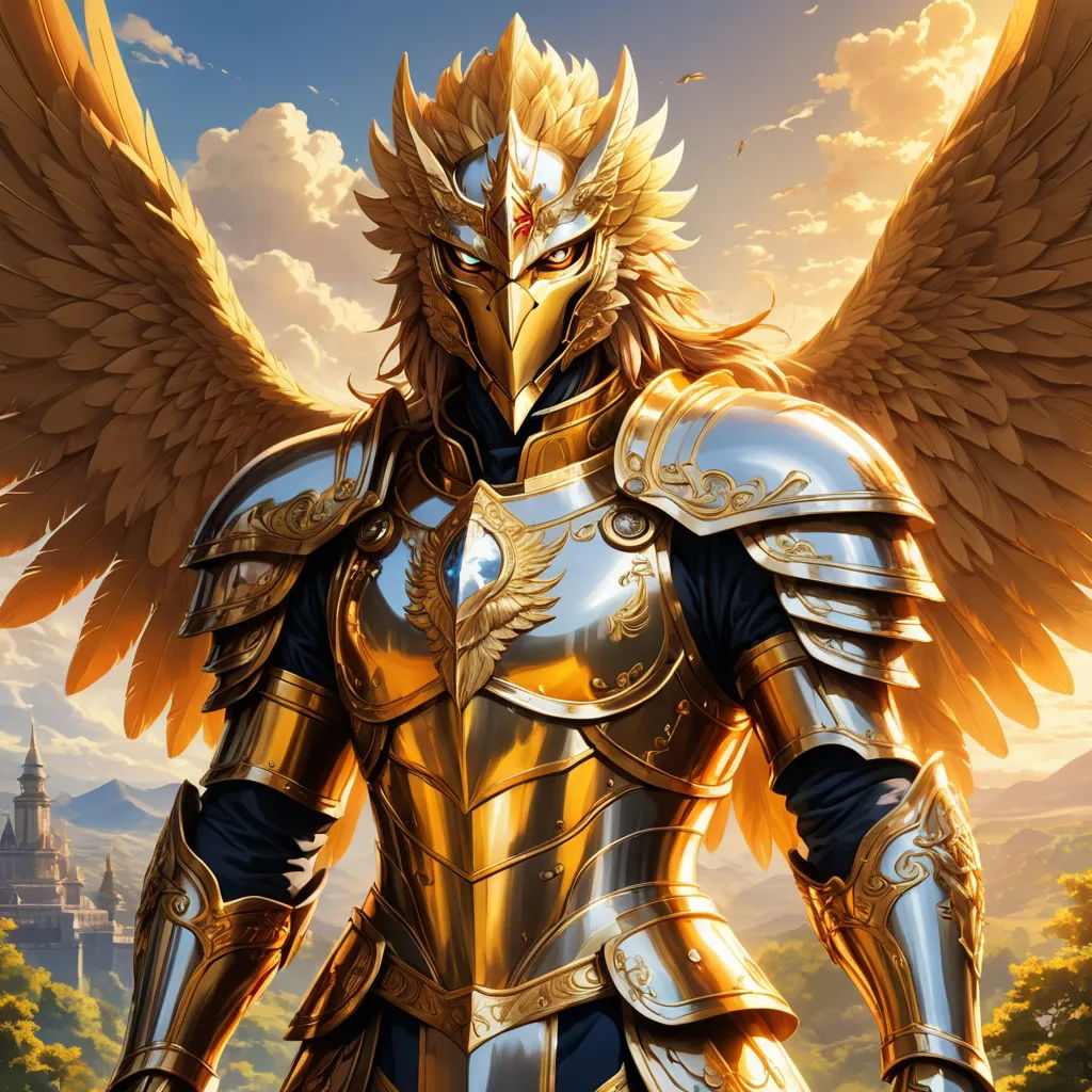 a painting of a man in armor with wings on his head and a castle in the background with trees, fantasy art, a detailed painting, Anne Stokes, epic fantasy character art