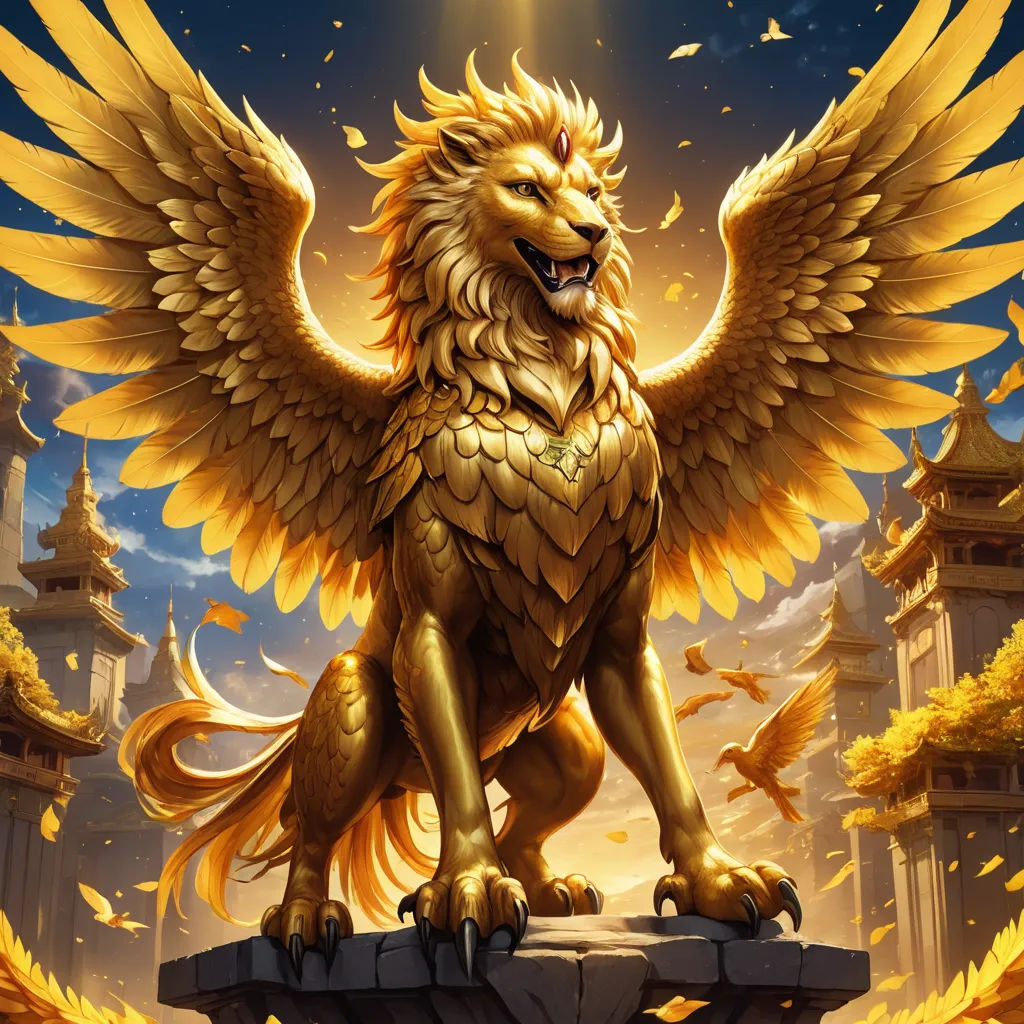 a golden lion with wings on a rock in front of a castle with a sky background and clouds in the background, fantasy art, a detailed painting, Anne Stokes, rossdraws global illumination