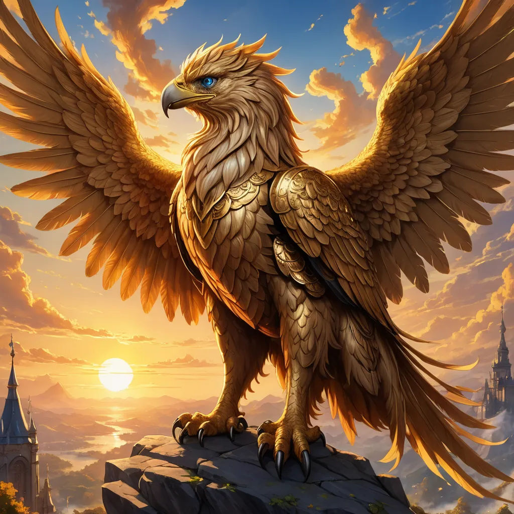 a golden bird with wings spread on a rock with a castle in the background at sunset with clouds and sun, fantasy art, an airbrush painting, Anne Stokes, magic the gathering artwork