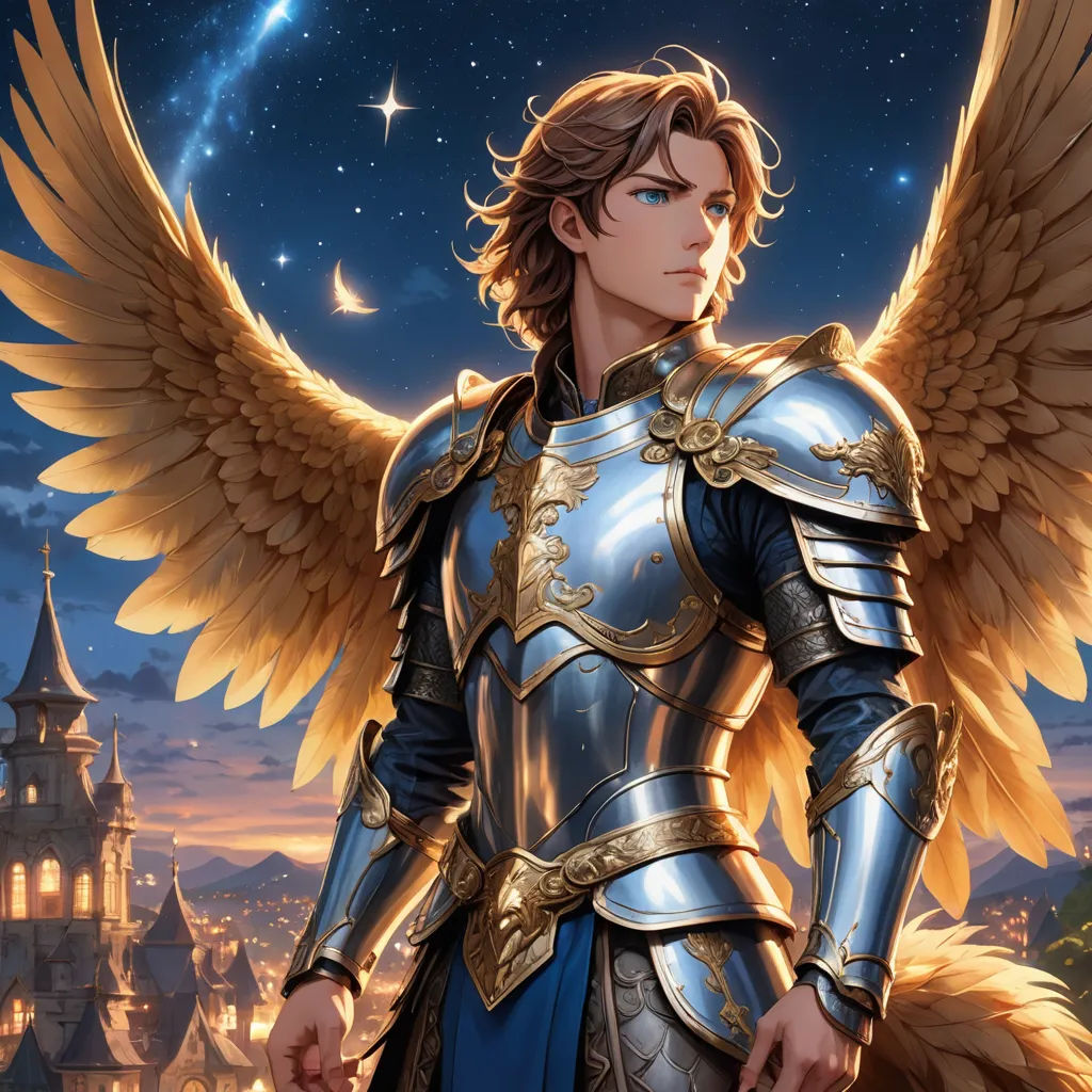 a man in a armor with wings standing in front of a castle at night with a star in the sky, fantasy art, a detailed painting, Anne Stokes, rossdraws global illumination