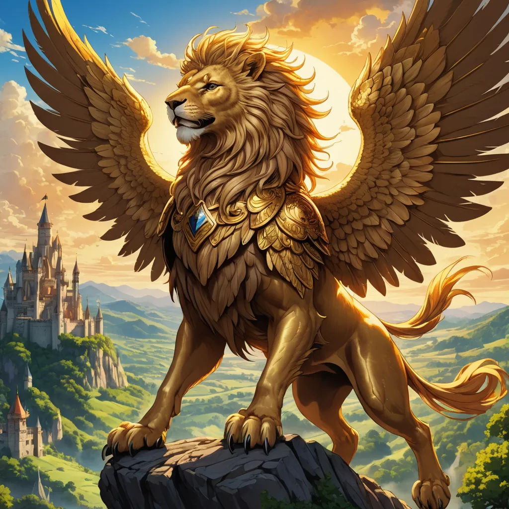 a lion with wings standing on a rock in front of a castle with a sunset behind it and a castle in the background, fantasy art, concept art, Christophe Vacher, magic the gathering artwork