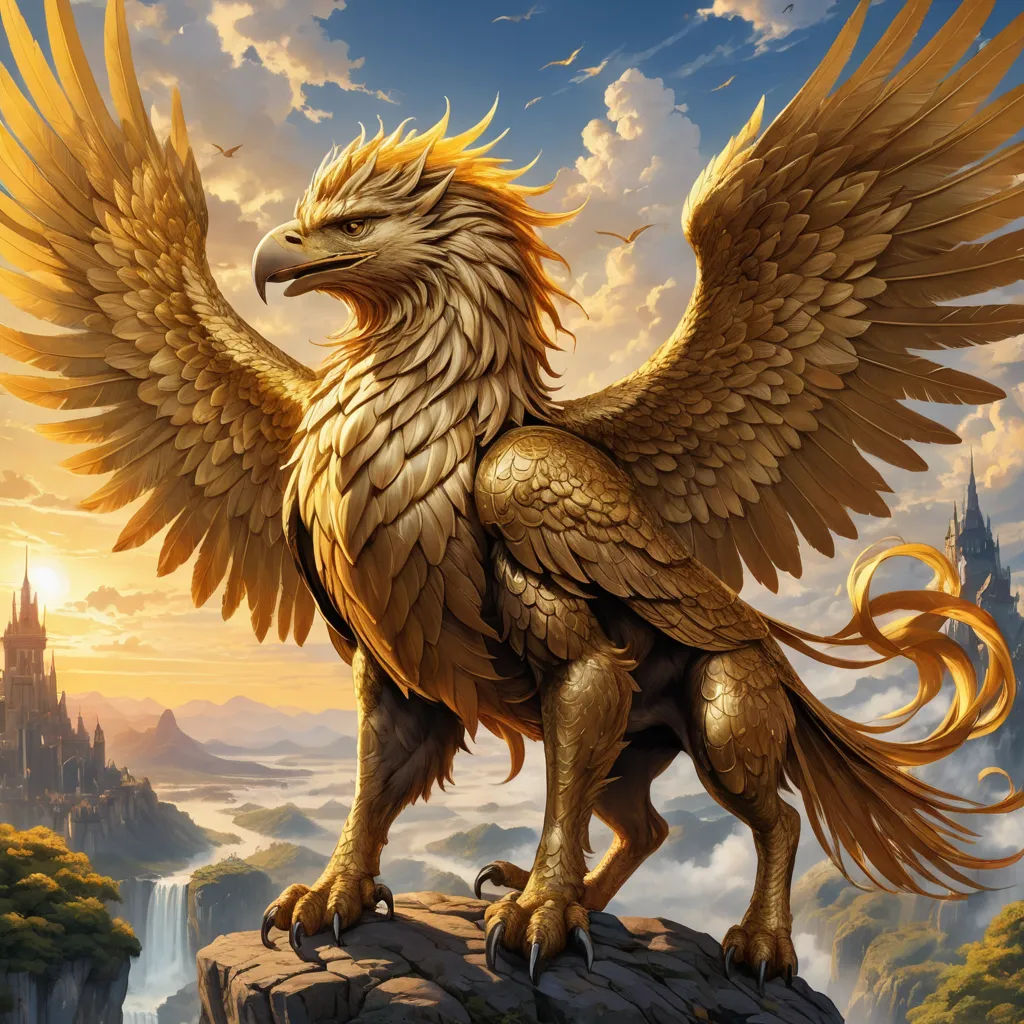 a golden bird with large wings standing on a rock in front of a castle and a river with a waterfall, fantasy art, an airbrush painting, Anne Stokes, fantasy artwork