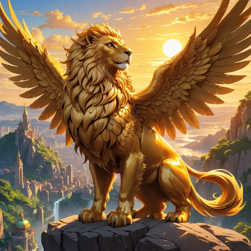 a golden lion statue on top of a rock with a city in the background at sunset with a bright sun, fantasy art, an airbrush painting, Anne Stokes, fantasy artwork