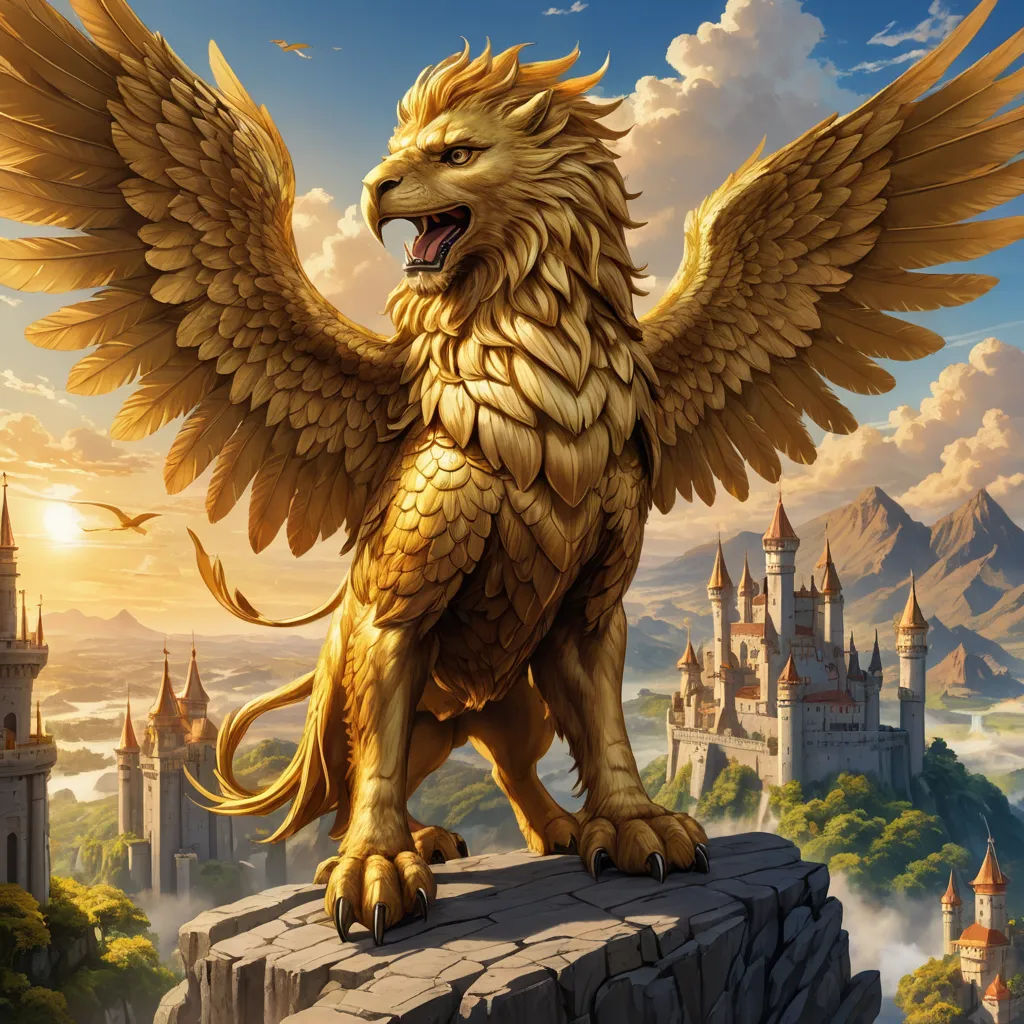 a golden dragon sitting on top of a rock with a castle in the background and a bird flying over it, fantasy art, an ultrafine detailed painting, Anne Stokes, magic the gathering artwork