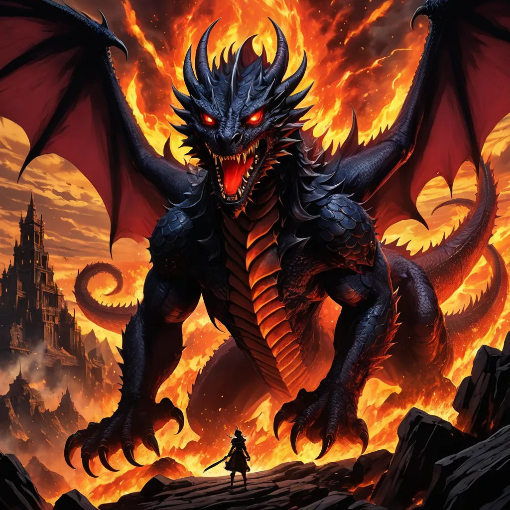a dragon with a man standing in front of it on a mountain top with a castle in the background, fantasy art, concept art, Anne Stokes, dragon art