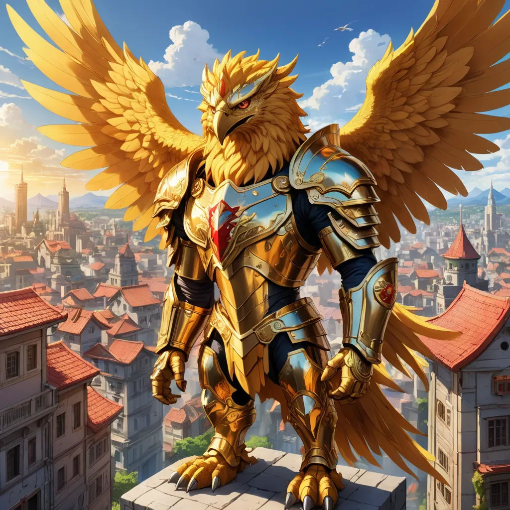 a golden bird statue on top of a building with a city in the background and a sky background with clouds, fantasy art, an ultrafine detailed painting, Chris LaBrooy, magic the gathering artwork