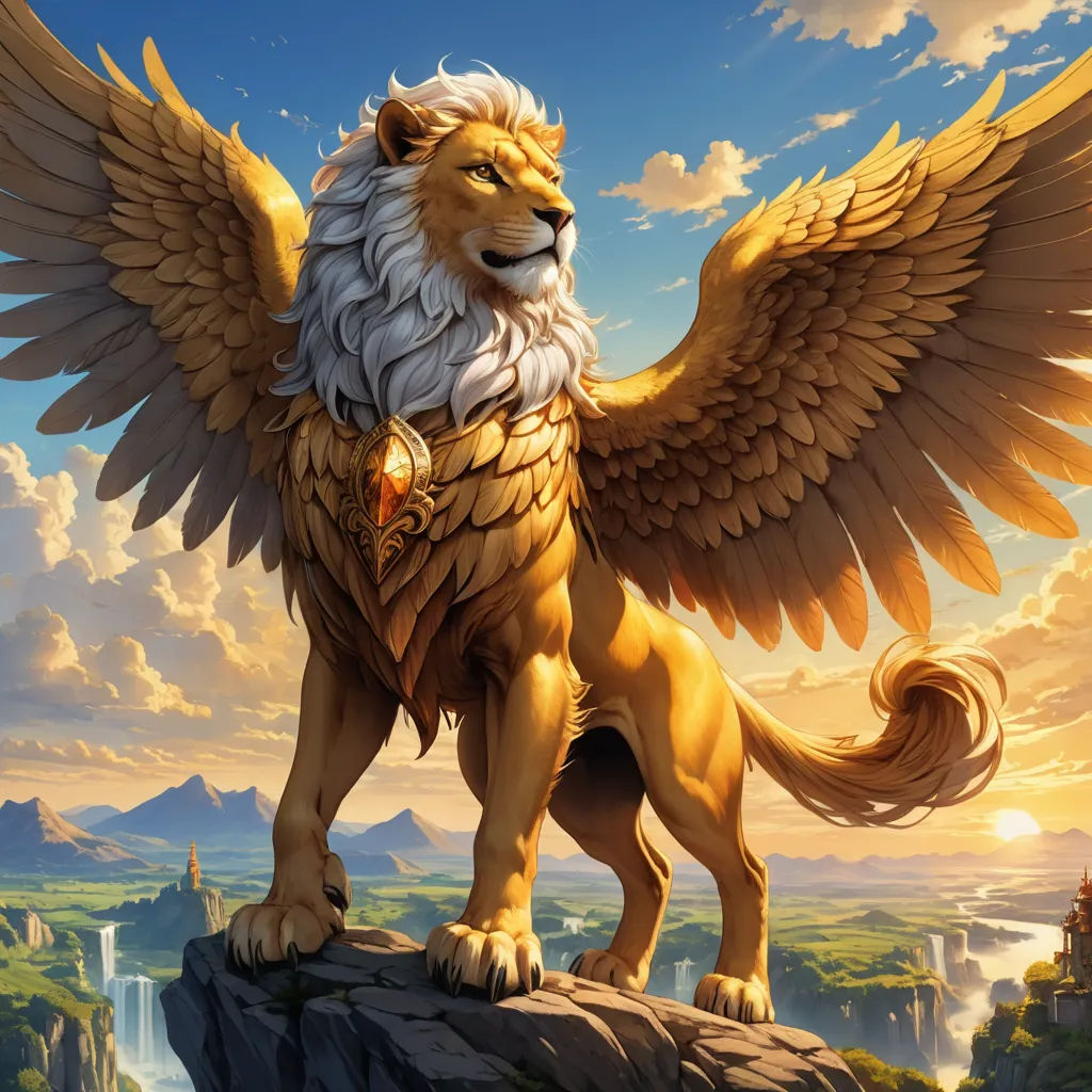 a lion with wings standing on a rock in the middle of a field with a castle in the background, fantasy art, an airbrush painting, Christophe Vacher, magic the gathering artwork