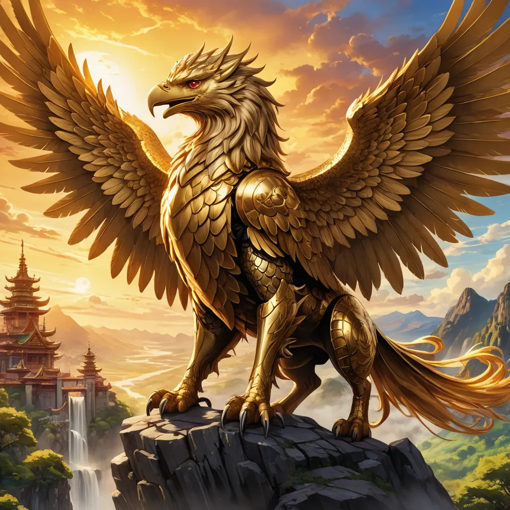 a golden eagle statue on top of a rock in front of a sunset sky with a waterfall and a pagoda, fantasy art, an airbrush painting, Anne Stokes, magic the gathering artwork