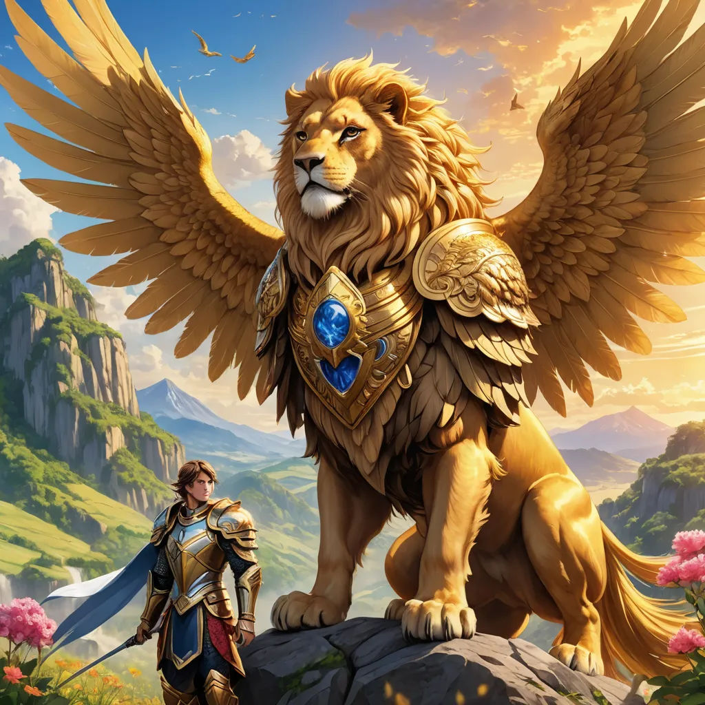 a man standing next to a lion on top of a rock in front of a mountain range with a bird, fantasy art, concept art, Christophe Vacher, fantasy artwork